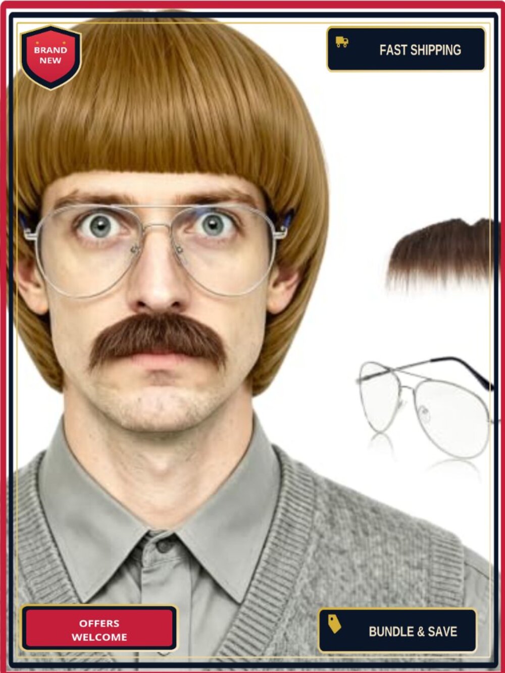 Men's Bowl Cut Wig Set with Glasses Mustache Wig Cap Heat Resistant Synthetic